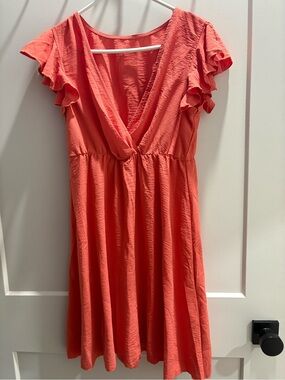 Flutter Sleeve V-Neck Mini Dress in Coral